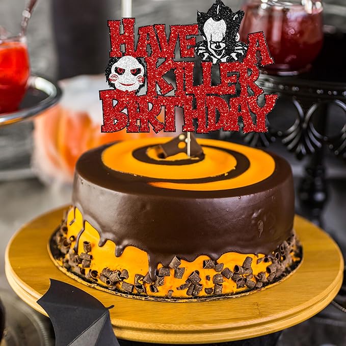 Gyufise 1Pcs Have a Killer Birthday Cake Topper Glitter Horror Classic Birthday Halloween Cake Pick for Bloody Horror Halloween Theme Party Cake Decorations Supplies