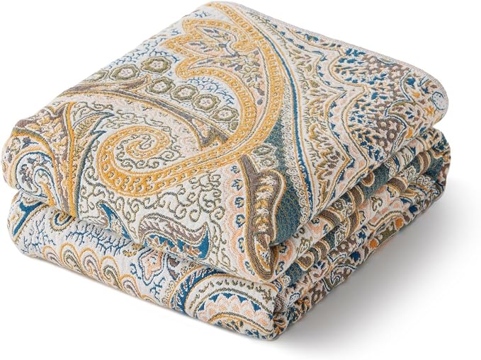 100% Cotton Boho Throw Blanket for Home Decor – Classic Farmhouse Quilt Bedding, Muslin Blankets for Adults, Vintage Woven Decorative Blanket for Couch, Bed Layering Use, Paisley Pattern, 60"x80"