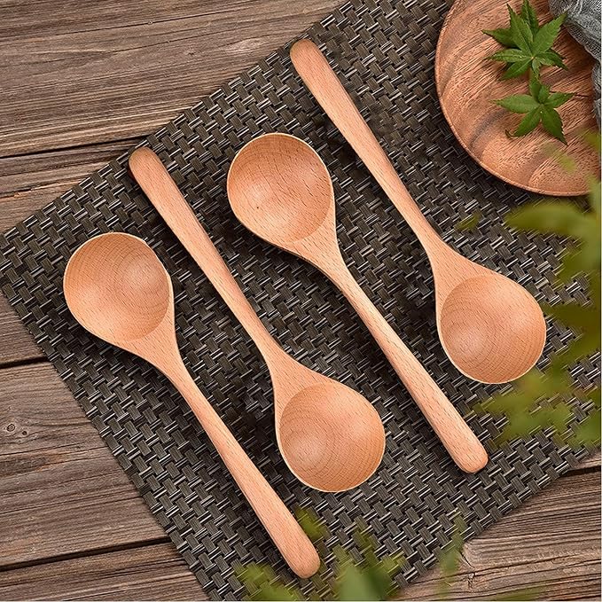 Soup Spoons,5PCS Wooden Spoons for Eating Wood Long Handle Rice Dessert Cooking Tasting Dinner Table Spoon Soup Spoons Asian Soup Spoon (Wood)