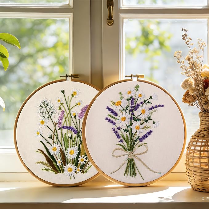Embroidery Kits for Beginners Adults, Floral Hand Embroidery Set Needlepoint Kits, Flowers Stamped Cross Stitch Kits for Beginners Adults, 2 Embroidery Hoops, Fabric, Thread (Attached Video Tutorial)