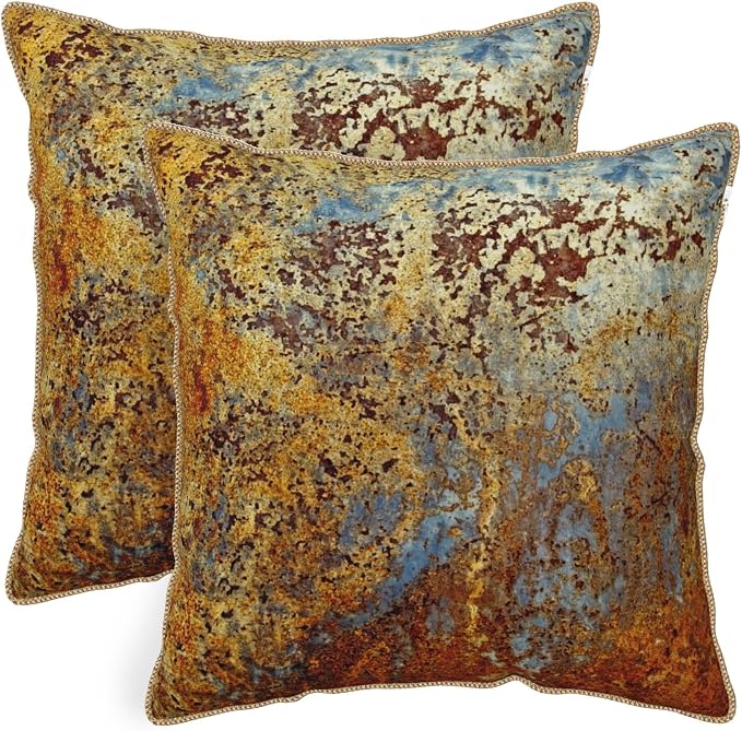 KSLIDS Brown Rust Soft Velvet Throw Pillow Covers Set of 2 Gold Orange Teal Rustic Decorative Pillow Covers 18x18 Inch Rusty Copper Metallic Bronze Pillow Case for Sofa Couch Living Room Home Decor