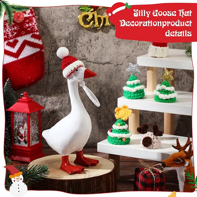 Geyoga 6 Pcs Mini Knitted Hats 7 Inch Goose Outfits Hat with Adjustable Strap Mini Porch Goose Headwear for Statue Key Holder
