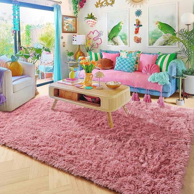 Amdrebio Blush Pink Kids Area Rugs for Girls Bedroom, 5x8 Shaggy Fuzzy Fluffy Kawaii Rugs for Living Room Playroom, Furry Plush Shag Floor Carpet for Nursery Dorm Classroom, Cute Dusty Rose Mauve Rug