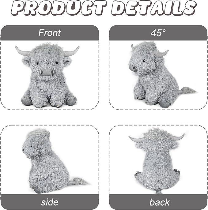 Highland Cow Weighted Stuffed Animals, 4 Lbs Grey Highland Cow Plush 13.7 Inches, Surprise Weighted Stuffed Animals Gift for Kids Birthdays, Halloween, Christmas (Grey)