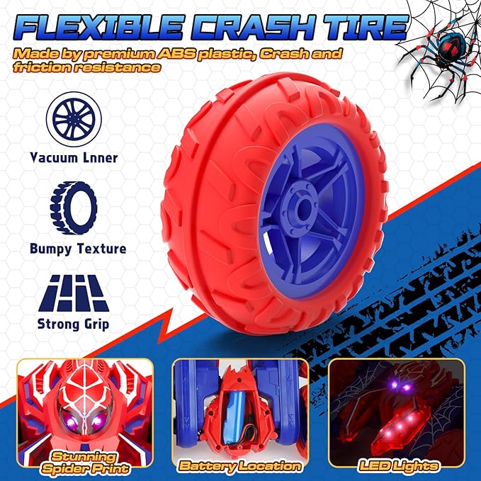Spider Remote Control Cars for Boys 4-7, 360° Spinning RC Stunt Car with 2 Batteries Cool Lights Toys Birthday Gift for Boys 4 5 6 7 8 9 10 11 12 Year Old