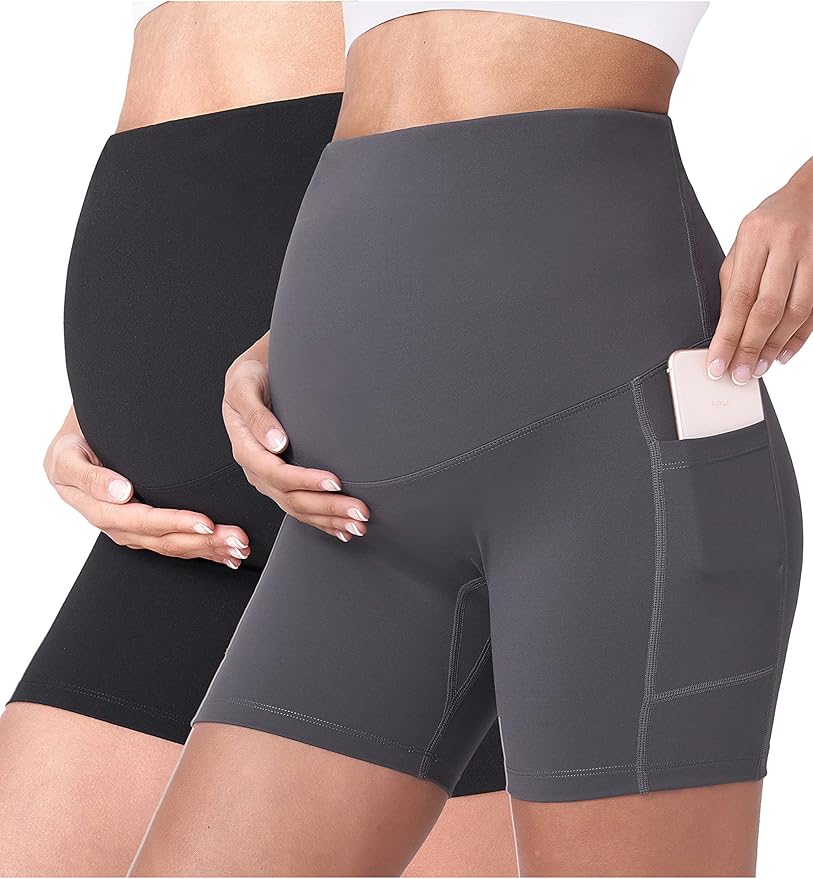 POSHDIVAH Women's Maternity Yoga Shorts Over The Belly Bump Summer Workout Running Active Short Pants with Pockets 5"/8"