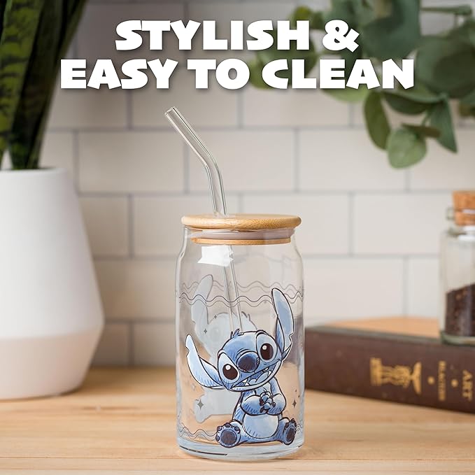 Silver Buffalo Disney Lilo and Stitch Sitting Glass Jar Tumbler with Bamboo Lid and Glass Straw, 16 Ounces (Pack of 12)