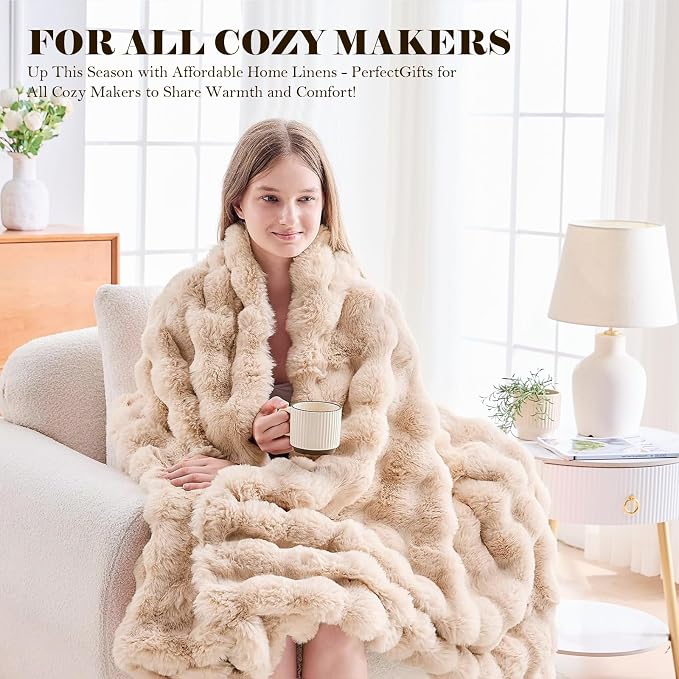 Faux Fur Throw Blanket for Couch, 1000 GSM Cozy Fuzzy Fluffy Soft Plush Thick Bubble Sherpa Blanket for Sofa Bedroom Living Room, Mothers Day Birthday Gifts for Women Home Decor