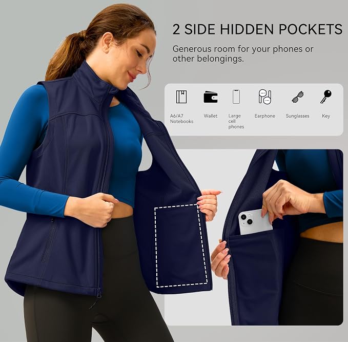 Soothfeel Women's Vest with Zipper Pocekts Lightweight Softshell Sleeveless Jacket Hiking Travel Golf Running Vest for Women