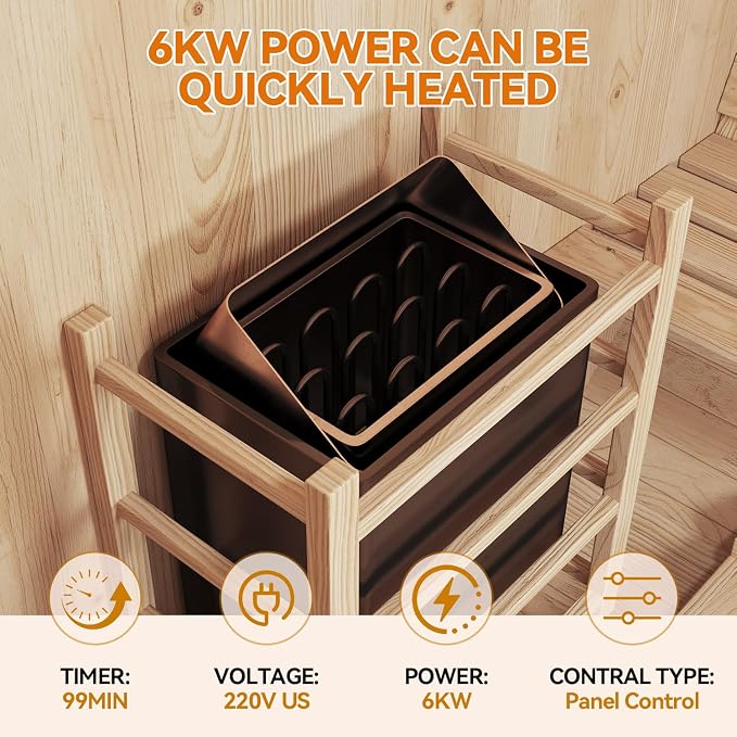 Large Capacity Outdoor Wooden Traditional Barrel Sauna for 4-6 Person Steam & Dry Heat Sauna with 6KW Heater, Sauna Stones, Thermometer – Spacious Bucket-Style Design for Backyard & Family Gatherings