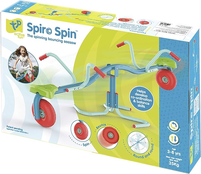 TP Toys Spiro Spin Seesaw | Sit and Spin Teeter Totter with 360 Spin and Bounce Wheel | Kids Outdoor Play Equipment for Backyard, Playground, or Indoor Fun | Boys and Girls Ages 3-8