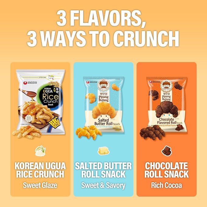 Nongshim Sweet Korean Snack Variety Pack, Asian Snacks Box, 3 Count | Korean bakery-style sweet snack variety with brown rice syrup, chocolate and salted-butter profiles