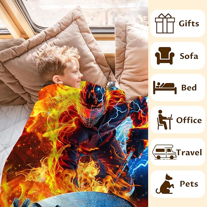 Boys Personalized Blanket Gift Ice Hockey Throw Blankets for Kids, 40x50 Inches Soft Lightweight Custom Sport Throw for Sofa Couch Bed Home Decor