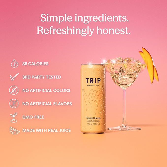 TRIP Lightly Sparkling Adaptogen Drink, Non Alcoholic Drink with Magnesium, Ashwagandha, Lions Mane & L Theanine, No Added Sugar Mocktail, Vegan, Tropical Mango, 12 Oz, 12Pk