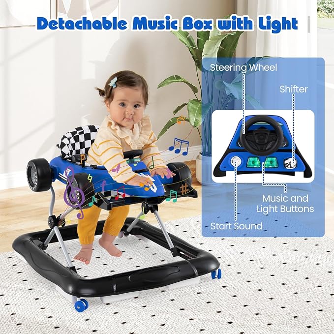 HONEY JOY Baby Walker, 4-in-1 Foldable Infant Activity Push Walker, Toddler Car Walker with Adjustable Heights, Music, Lights, Padded Seat, Baby Walker with Wheels for Boys Girls 6-18 Months (Blue)