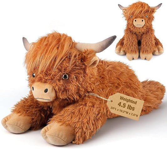 24" & 4.5 lbs Highland Cow Weighted Stuffed Animal, Adjustable Sitting & Laying Plush Toy Pillows with Removable Ceramsite Bag for Companion, Cuddly & Soft Gifts for Adults, Kids, Boys and Girls