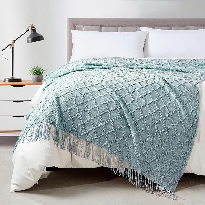 BOURINA Auqa Throw Blanket 50 x70 Inch Jacquard Throw Knitted Blanket | Jacquard Argyle Throw Textured Solid Soft Throws and Blankets for Sofa or Bed Knitted Decorative Blanket
