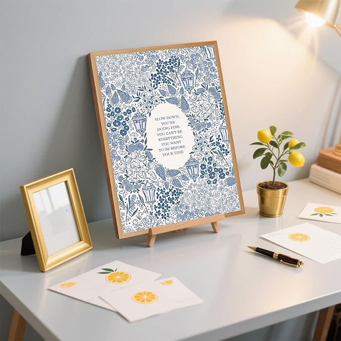Slow Down You're Doing Fine Music Poster Motivational Song Lyric Blue Wall Art Vintage Positive Quote Daily Reminder Floral Canvas Print for Office Bedroom Home Decor 8x12inch Wooden Framed