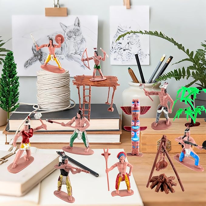 Native American Figurines Set 43 Pcs Plastic Miniature Indian Figure Toys Indian Figurines for Kids Includes Moss, Trees, Sand, Stones, Indians Action Figures for Projects Diorama Decor Birthday Gift