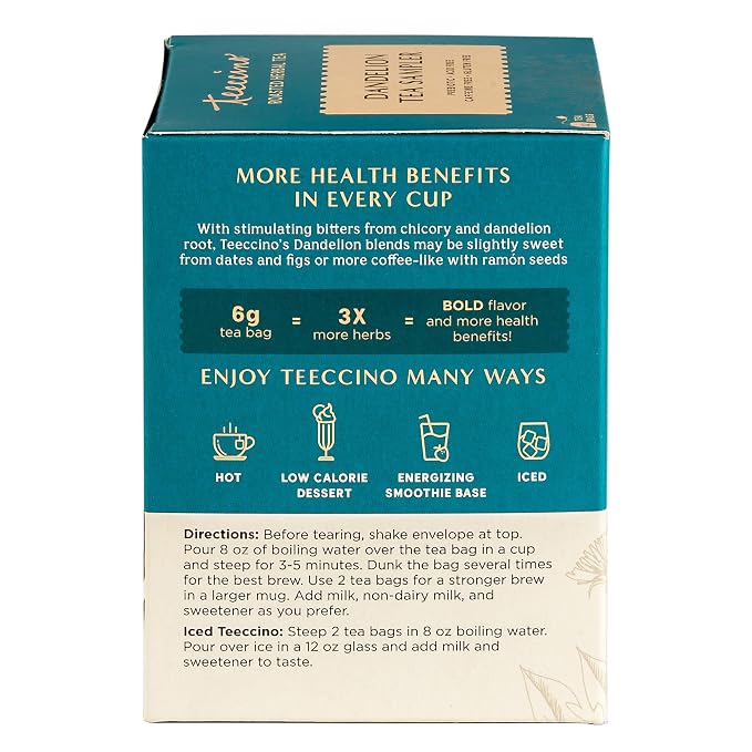 Teeccino Dandelion Tea Sampler - 12 Tea Bags - Caramel Nut, Coconut, Dark Roast, Mocha Mint, Red Chai, Turmeric - Caffeine-Free, Roasted Herbal Tea with Prebiotics, Gluten-Free
