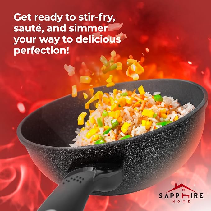 HOME N KITCHENWARE Nonstick Ceramic Wok, Frying Pan - Premium 9-Layered Cookware, Korean Marble-Coated - Easy to Clean Cast Aluminum - Induction Ready for Saute, Stir-Fry, Eggs, Fried Rice 12-Inch