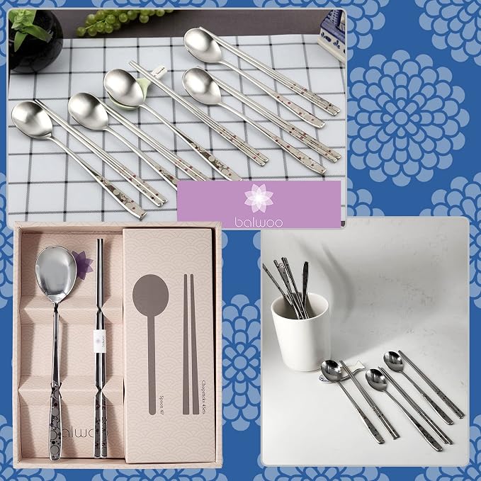 [5 Sets][Made in Korea] Sticky Korean Style Rice Spoon Chopsticks Set 430 Stainless Steel Soup Spoon Ramen Noodle Chopsticks Flatware (The Milky Way)