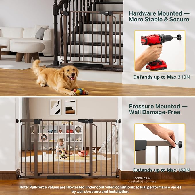 Cumbor 36.6-64" Extra Wide Baby Gate for Stairs, Dog Gates for Doorways, Auto-Close Pet Gate Indoor, Pressure Mounted Walk Through Safety Child Gate for Kids Toddler, Tall Pet Puppy Fence Gate, Brown