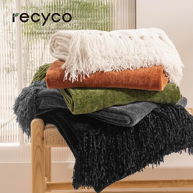 RECYCO Chenille Throw Blanket for Couch, 60"x80", Ivory White | Super Soft Knit Throw Blanket with Fringe Tassels, Lightweight Knitted Throw, Cozy, Ideal for Sofa Chair Bed Living Room Gift