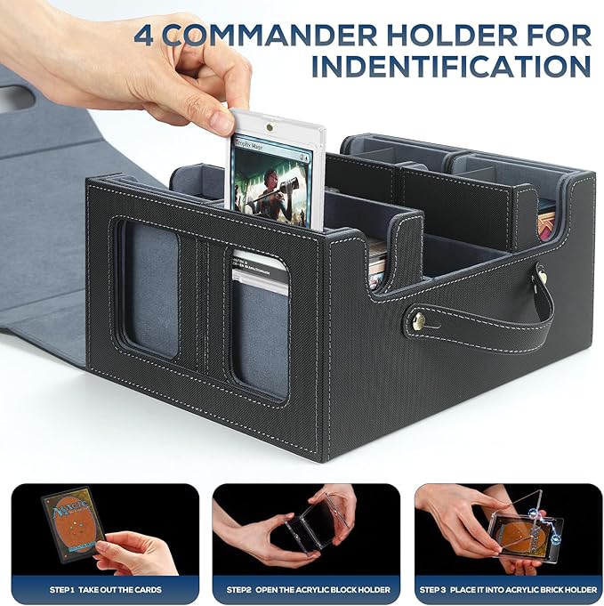 Trading Card Storage Box for MTG, MTG commander deck box，Multi-purpose Deck Case for MTG TCG Sports Card, 4 Toploaders, 4 Stoppers, 4 Colorful Dividers (Black & Grey)