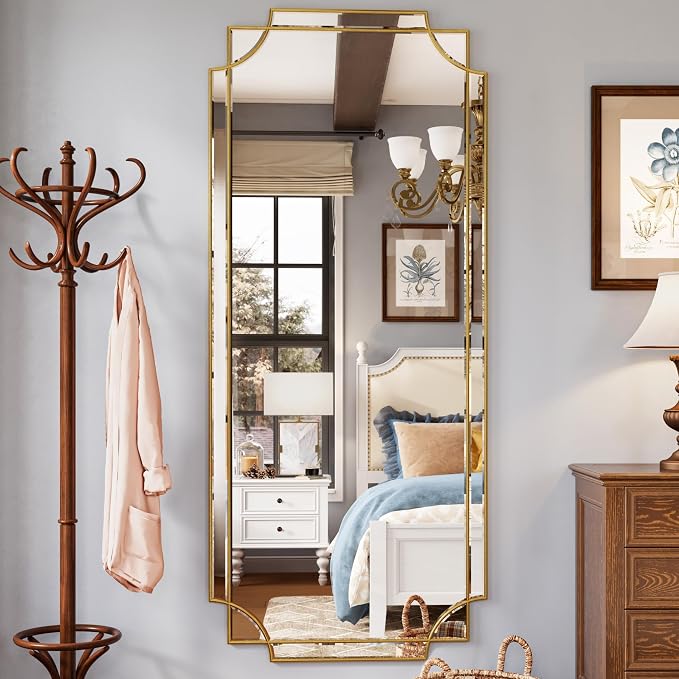 Kelly Miller 30"x70" Gold Foil Scalloped Edge Decorative Full Length Mirror | Hand-Applied Gold Foil Finish. HD Mirror With French Cleat. Elegant Beveled Wall Mirror Decor For Bathroom Bedroom Entryway.