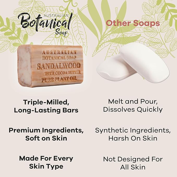 Australian Botanical Soap Sandalwood with Cocoa Butter – Triple Milled 6.6 oz Bar Soap with Shea Butter, Face Hand & Body Soap Bars, Pack of 6