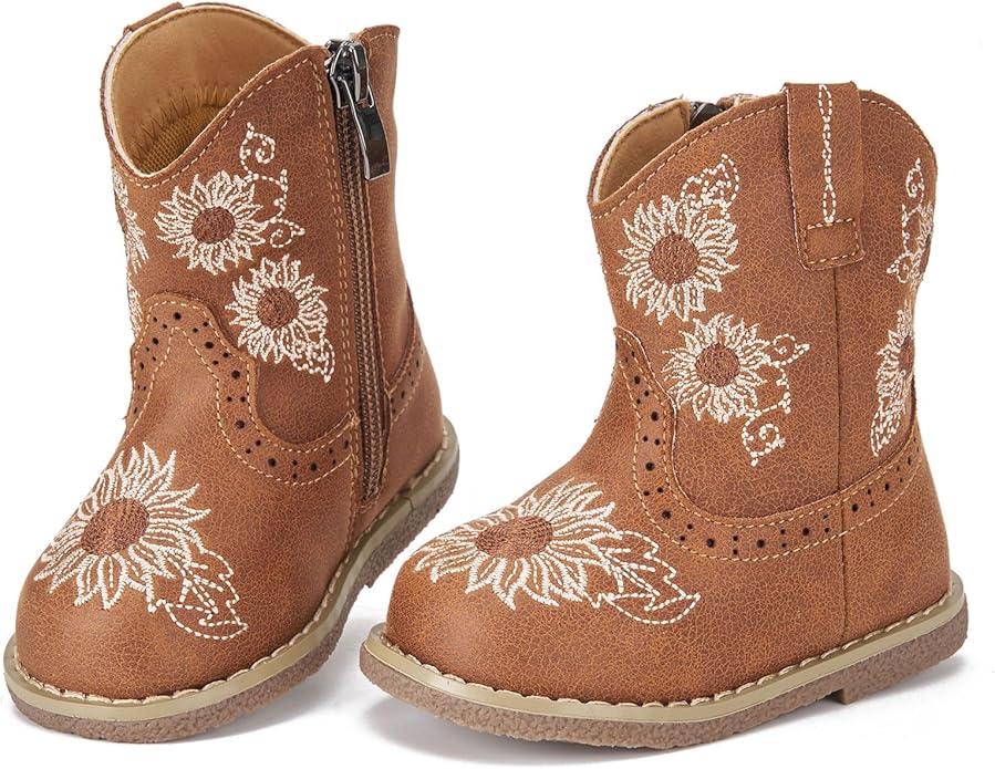 Newsonet Baby Cowboy Cowgirl Boots Infant Western Boots Toddler Boys Girls Round Toe Riding Mid Calf Boots All Seasons for 6 9 12 18 24 Months