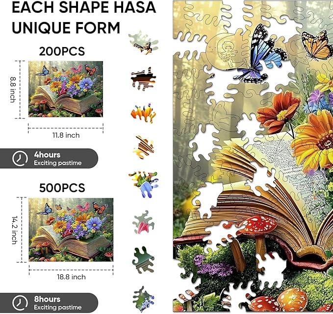Ixfyloop Butterfly Book Wooden Puzzles for Adults, Colorful Wildflower Magic Jigsaw Puzzles, Wood Toys with Puzzle Storage 200 Pieces, Creative Gift for Family Game 11.8x8.8 inch