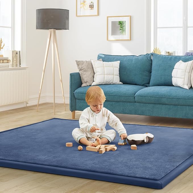 Baby Play Mat for Floor Nursery Rug Muscle Mat Area Rug Playroom Rug 79"x138" Playpen Mat Elastic Foam 1.3" Thick Crawling Mat for Babies,Toddlers, Infants, Kids,Sapphire Blue