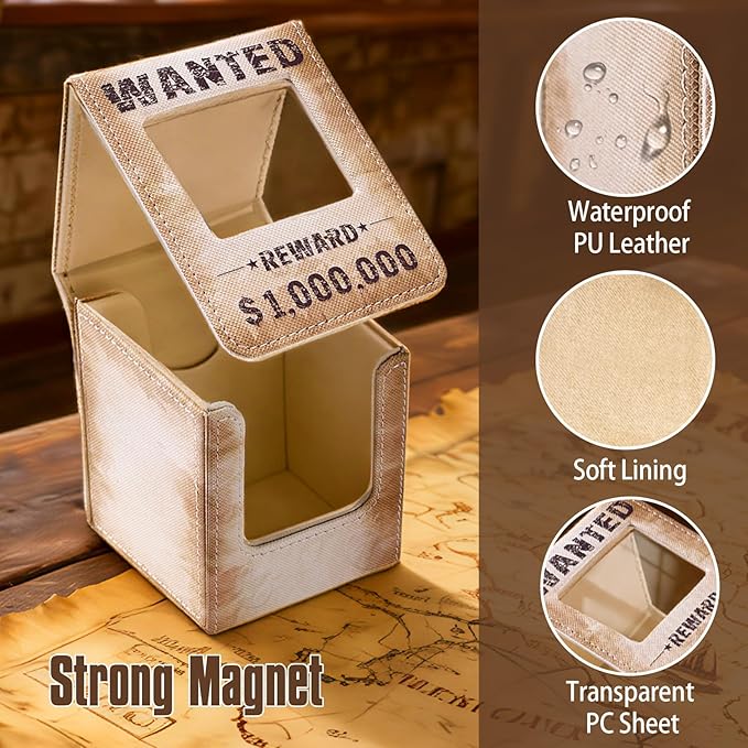 Wanted Poster Themed Deck Box with Commander Display, MTG Card Deck Case Fit 120 Single Sleeved Cards, PU Leather Magnetic Card Storage Box with 2 Dividers, Compatible with One Piece/TCG