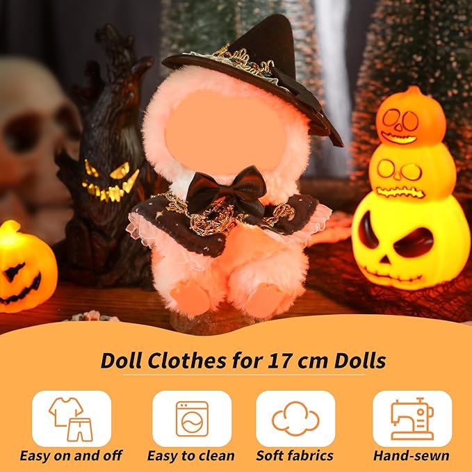 Clothes for Labubu Doll,6.7 Inch Doll Clothing Set - 2 Pieces of Handmade Clothes and Accessories for 17cm Plush Toys - Black hat Halloween Skirt