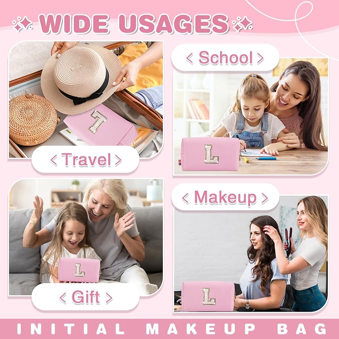 Small Personalized Initial A-Z Patch Makeup Bag,Pink Cute PU Leather Glitter Letter Cosmetic Bag for Teen Girls,Travel Toiletry Bag with Zipper,Preppy Monogrammed Birthday Gift for Daughter Niece L