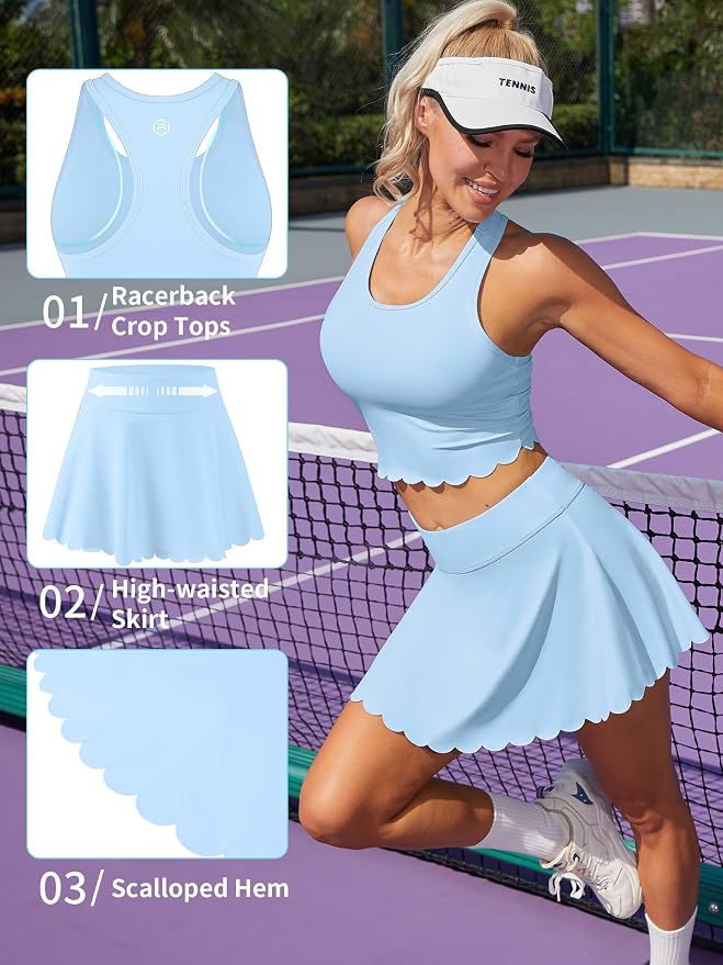 ATTRACO Tennis Outfits for Women Racerback Golf Dress Workout Dress | Athletic Skirt Set, Built-in Shorts, 2 Pockets, Scalloped, Racerback, High Waisted, Pickleball, Workout Set