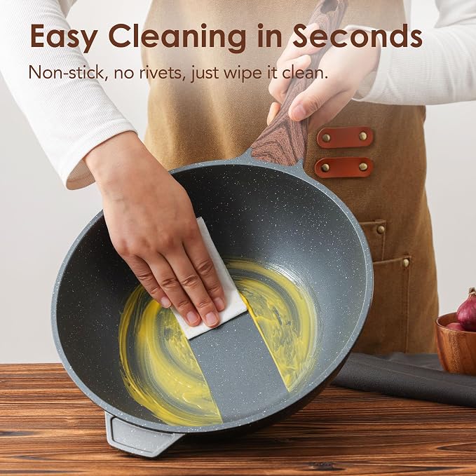 SENSARTE Nonstick Wok Pan with Lid 11-inch, Healthy Stir-fry Pan Induction Cookware with Swiss Granite Coating, Deep Frying Pan Skillet with Stay-cool Handle, PFOA Free