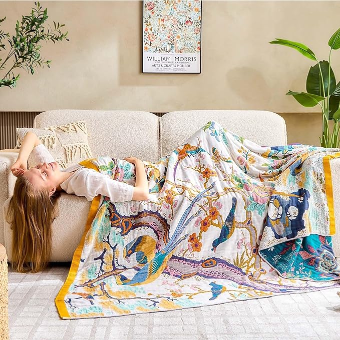 XIBLC Fall Throw Blanket for Couch, Yellow Boho Decorative Throw Blanket, 100% Cotton Muslin Breathable Woven Farmhouse Blankets Quilt, 80"x90" Reversible Lightweight Blankets Bohemian Throw Quilt