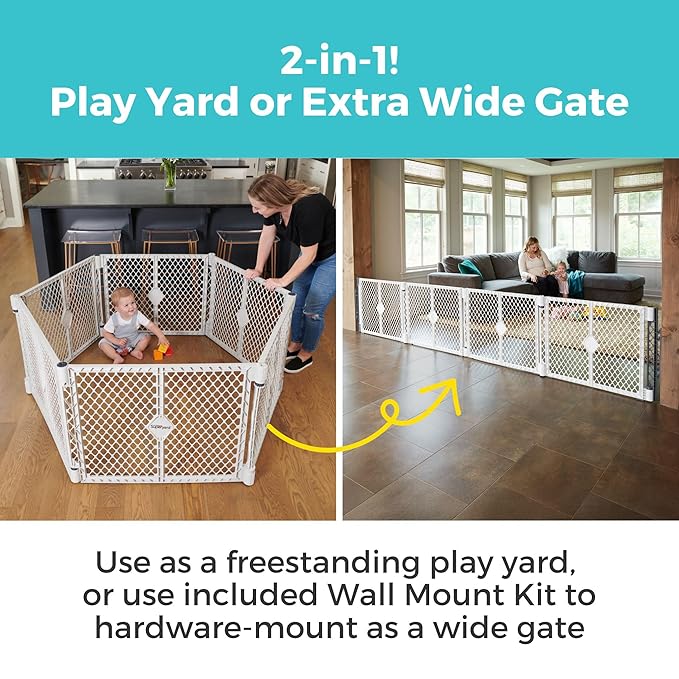 Toddleroo by North States - Superyard Duo Extra Wide Baby Gate & Play Yard: 6 Panel Playpen - Included Wall Mount Kit - Made in USA - 38.5 to 201 Inches W - 26 Inches T - Light Gray