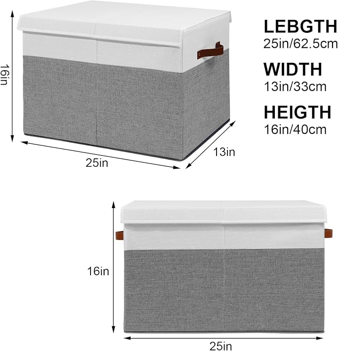 Large Toy Storage Box with Lid, Toy Chest Bin Boxes Basket with Dividers | Sturdy Toy Organizer Bin for Kids, Boys, Girls, Nursery, Living Room, Bedroom, Playroom 25"x13" x16" (Grey and White)