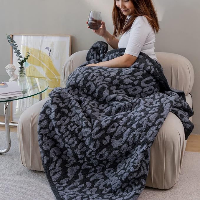 MH MYLUNE HOME Ultra Soft Leopard Throw Blanket, Charcoal Blue, 50"x60" | Reversible Cheetah Print Blanket, Comfy Fluffy Fuzzy Plush Blanket Throws for Couch Bed, Cozy Blankets for Women Gift