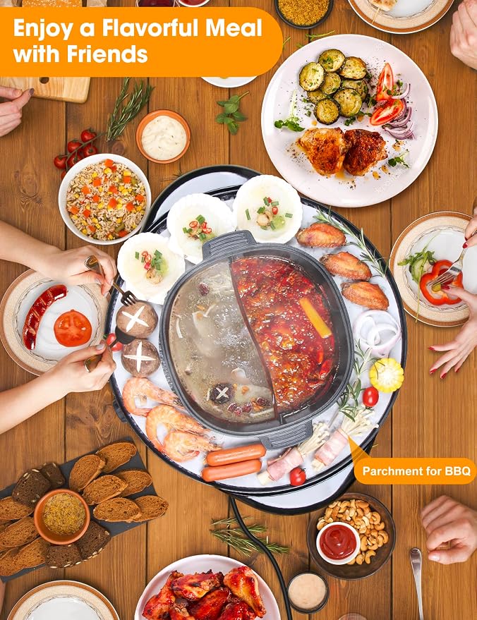2 in 1 Hot Pot with Grill, Electric Korean BBQ Grill, Independent Dual Temperature Control & Non-stick Pan, Multi-function Smokeless Barbecue Grill for Family and Friends Gathering