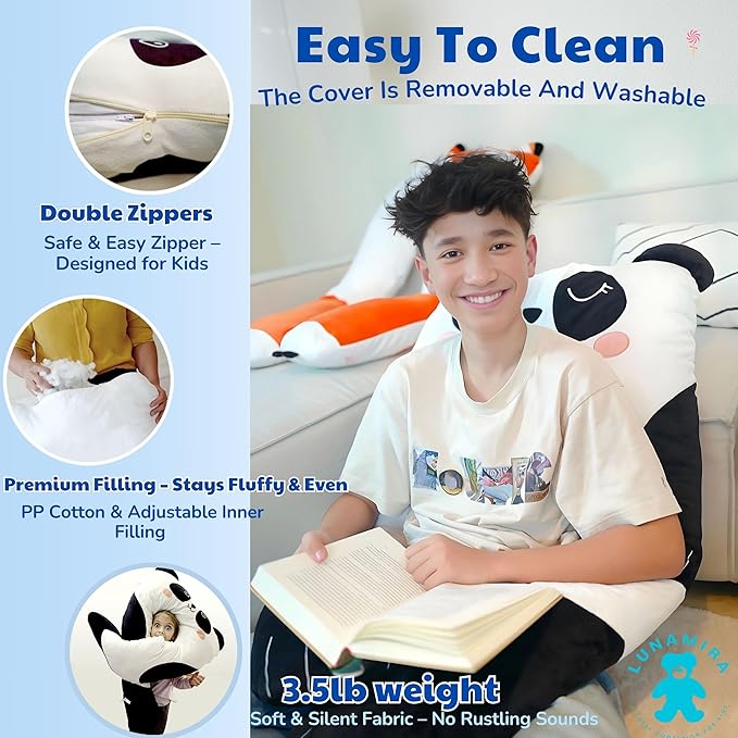 LUNAMIRA Panda Kids Body Pillow - 47" U-Shape Long Plush Soft Animal Pillow for Kids, Sleeping, Reading, ADHD & Special Needs Comfort, Anxiety, Washable Cover, Snuggle Fun Cuddle Gift for Boys & Girls