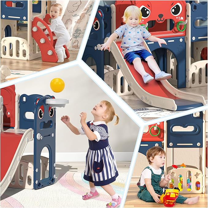 NYEEKOY 9-in-1 Toddler Slide and Climber Playset Freestanding Indoor Outdoor Kids Slide for Age 1-8, Backyard Playground with Basketball Hoop,Telescope,Storage Space