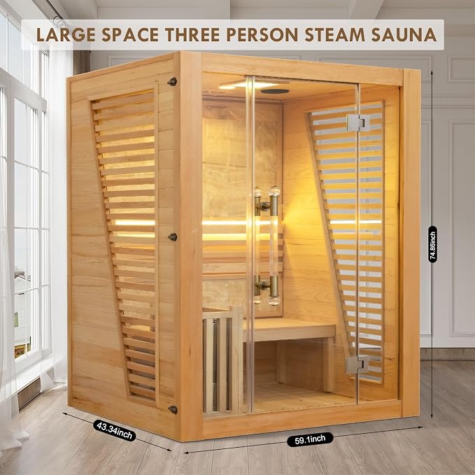 Smartmak Wood Home Steam Sauna, Customized WiFi Control 1-6 Person Canadian Hemlock/Red Cedar Traditional Luxurious Wooden Indoor Spa Room, Heating Stove, Speaker, Rocks, Water Bucket, Lights, 194℉
