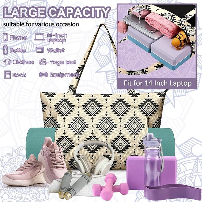 Yoga Bag for Women, Large Canvas Yoga Mat Tote Bag with Yoga Mat Carrier - Large Mat Pocket Fitness Tote for Pilates, Gym, Travel, Office & Beach
