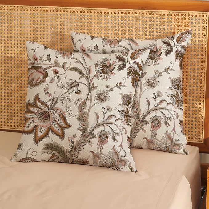 Brown Pillow Covers 20x20 Set of 2 Brown Chinoiserie Floral Throw Pillows Boho Vintage Flowers Decorative Pillow Cases Outdoor Chinoiserie Decor Farmhouse Linen Cushion Cover for Couch Sofa