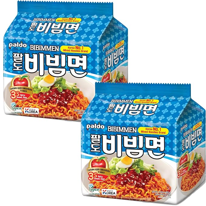 Paldo Fun & Yum Bibim Men Instant Cold Noodles, Pack of 10, Brothless Cold Ramen with Sweet & Spicy Seasoning Sauce, Best Oriental Style Korean Ramyun, Soupless K-Food, 팔도 비빔면 130g x 10